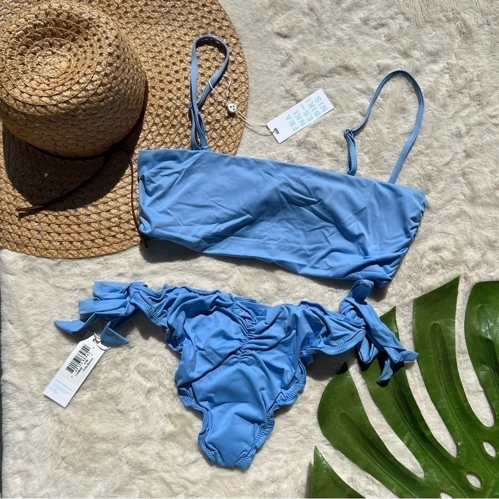 Frankie’s Bikinis Carrie Knot Top Colby Tie Side Bikini Set Chambray Blue NWT